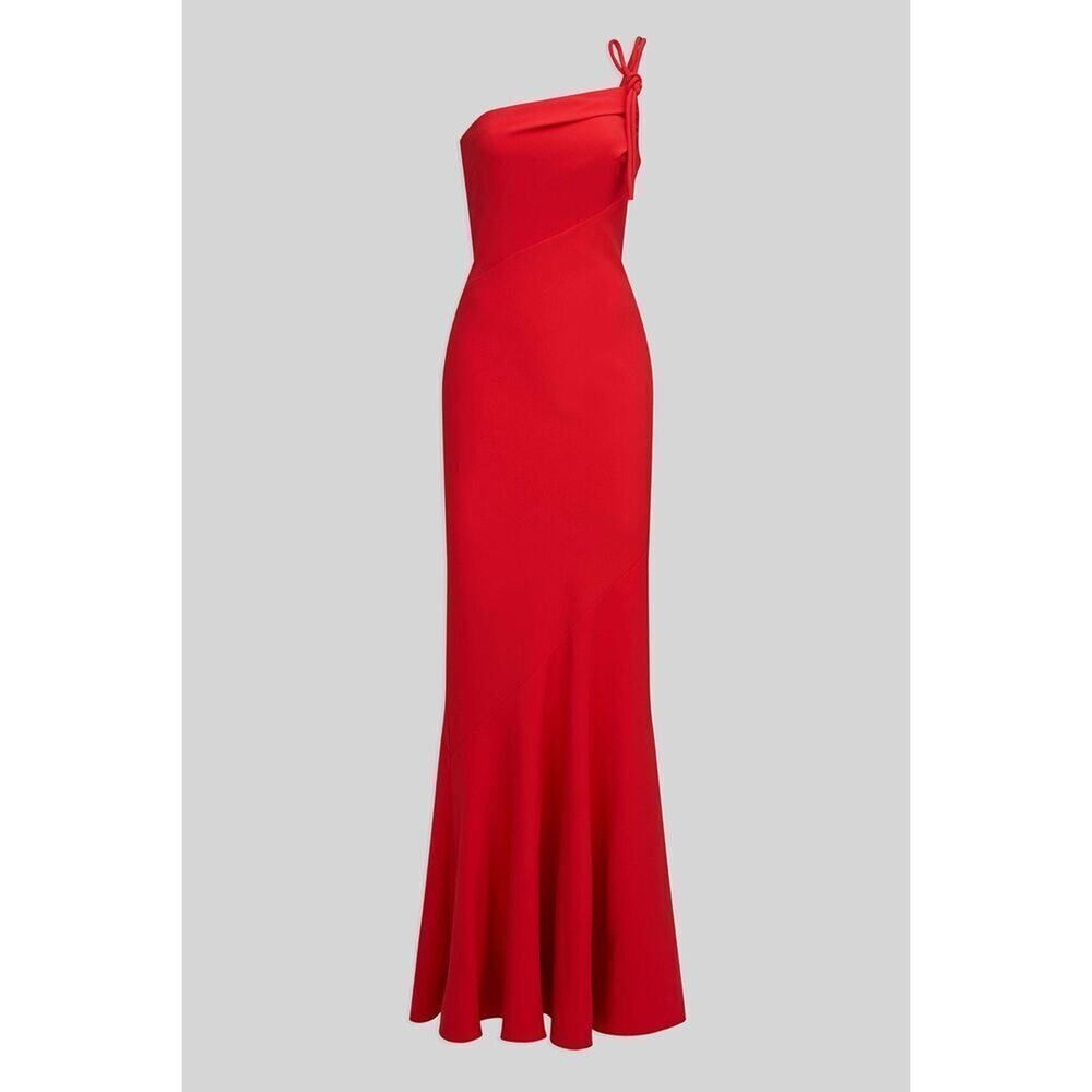 Halston Women's Red Sybil One-Shoulder Crepe Column Gown Maxi Dress Size 14 NWOT
